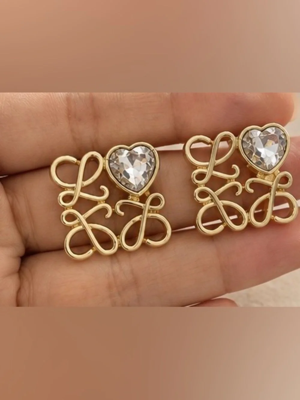 Gold Tone Heart Crystal Statement Stud Earrings Romantic Glam
